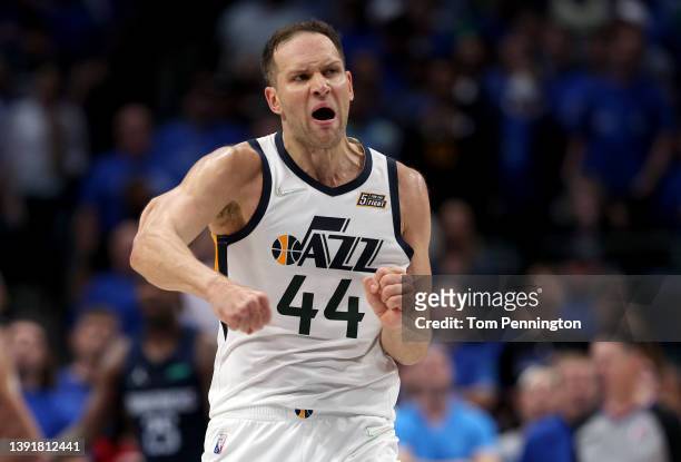 Bojan Bogdanovic of the Utah Jazz reacts after scoring a three-point shot against the Dallas Mavericks in the second quarter of Game One of the...