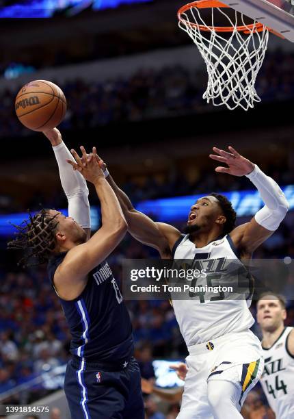 Jalen Brunson of the Dallas Mavericks drives to the basket against Donovan Mitchell of the Utah Jazz in the second quarter of Game One of the Western...