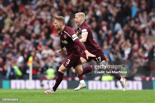 Stephen Kingsley of Heart of Midlothian celebrates after scoring their team's second goal during the Scottish Cup Semi Final match between Heart Of...