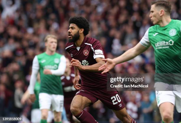 Ellis Simms of Heart of Midlothian celebrates after scoring their team's first goal during the Scottish Cup Semi Final match between Heart Of...