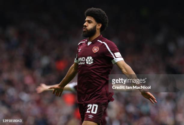 Ellis Simms of Heart of Midlothian celebrates after scoring their team's first goal during the Scottish Cup Semi Final match between Heart Of...