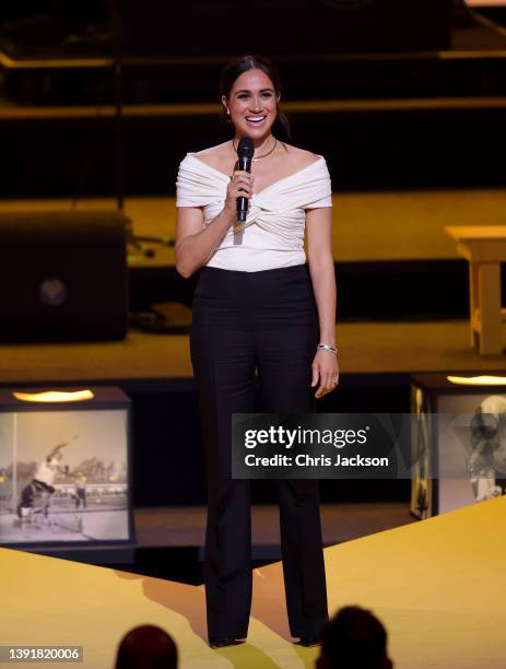 Meghan, Duchess of Sussex speaks on stage during the Invictus Games The Hague 2020 Opening Ceremony at Zuiderpark on April 16, 2022 in The Hague,...