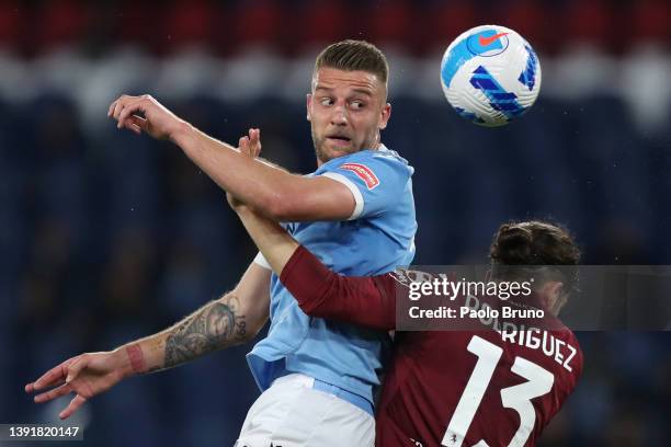 Alessio Furlanetto of Lazio contends for the aerial ball with Ricardo Rodriguez of Torino during the Serie A match between SS Lazio and Torino FC at...