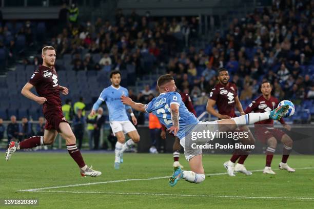 Sergej Milinkovic-Savic of Lazio has a shot during the Serie A match between SS Lazio and Torino FC at Stadio Olimpico on April 16, 2022 in Rome,...
