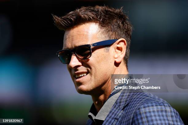 General manager Jerry DiPoto of the Seattle Mariners looks on before the game against the Houston Astros at T-Mobile Park on April 15, 2022 in...