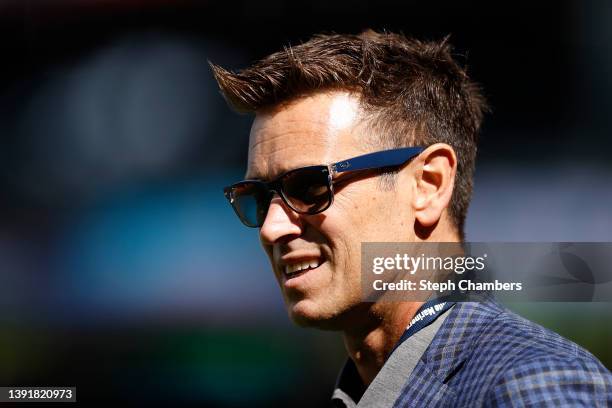 General manager Jerry DiPoto of the Seattle Mariners looks on before the game against the Houston Astros at T-Mobile Park on April 15, 2022 in...