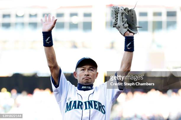 Ichiro Suzuki﻿ throws the ceremonial first pitch during Seattle’s home opener between the Mariners and the Houston Astros at T-Mobile Park on Friday,...