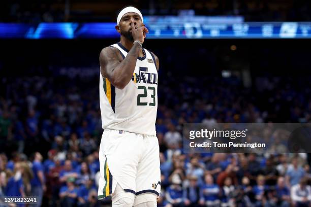 Royce O'Neale of the Utah Jazz reacts after scoring against the Dallas Mavericks in the fourth quarter of Game One of the Western Conference First...