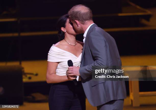Prince Harry, Duke of Sussex and Meghan, Duchess of Sussex on stage during the Invictus Games The Hague 2020 Opening Ceremony at Zuiderpark on April...