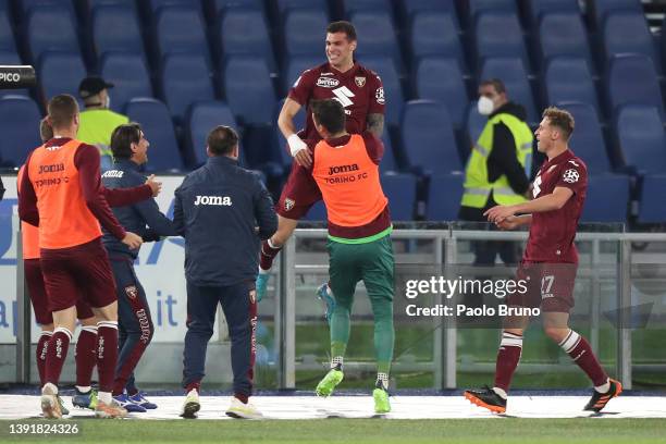 Pietro Pellegri of Torino celebrates scoring their side's first goal with teammates during the Serie A match between SS Lazio and Torino FC at Stadio...