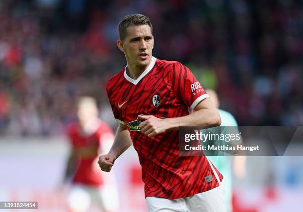 Nils Petersen of Freiburg seen during the Bundesliga match between Sport-Club Freiburg and VfL Bochum at Europa-Park Stadion on April 16, 2022 in...
