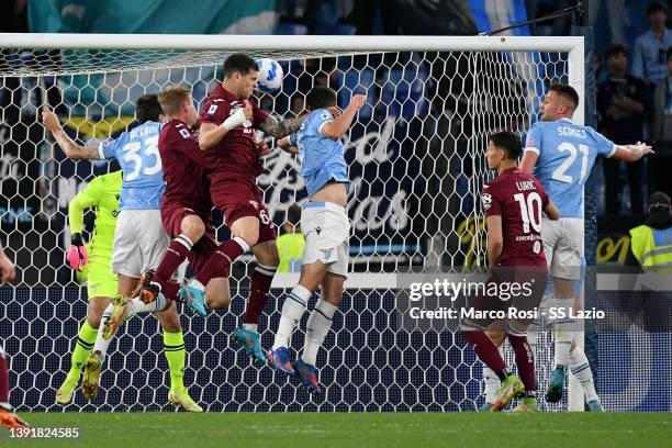 Pietro Pellegri of Torino FC scores a opening goal during the Serie A match between SS Lazio and Torino FC at Stadio Olimpico on April 16, 2022 in...