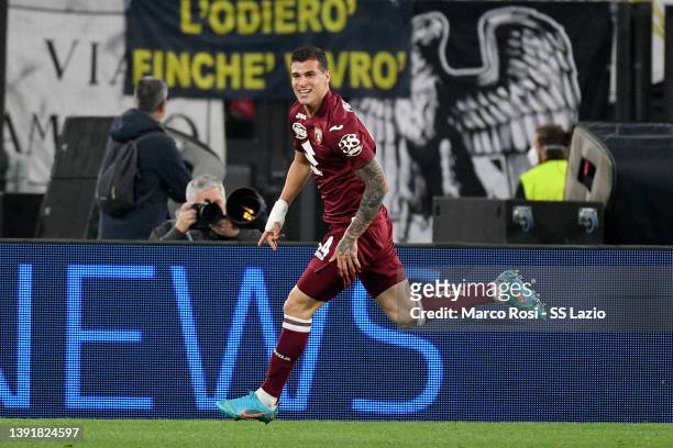 Pitero Pellegri of Torino FC celebrates the opening goal during the Serie A match between SS Lazio and Torino FC at Stadio Olimpico on April 16, 2022...