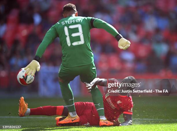 Sadio Mane of Liverpool scores their side's second goal past Zack Steffen of Manchester City during The Emirates FA Cup Semi-Final match between...