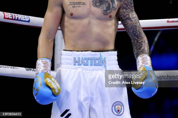 Detailed view of the shorts, gloves and tattoos of Campbell Hatton during the Lightweight fight between Campbell Hatton and Ezequiel Gregores at AO...