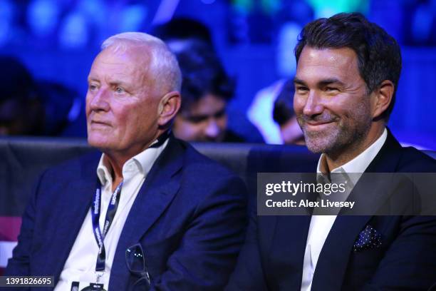 Promotor, Eddie Hearn and his father Barry Hearn watch on at AO Arena on April 16, 2022 in Manchester, England.