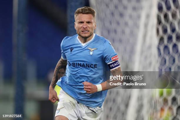 Ciro Immobile of Lazio celebrates scoring their side's first goal during the Serie A match between SS Lazio and Torino FC at Stadio Olimpico on April...