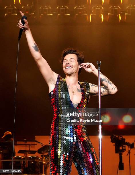 Harry Styles performs onstage at the Coachella Stage during the 2022 Coachella Valley Music And Arts Festival on April 15, 2022 in Indio, California.