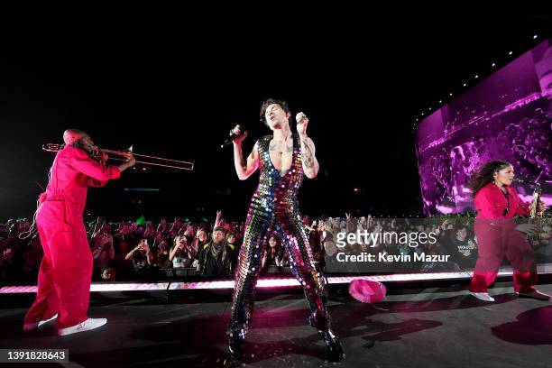 Harry Styles performs onstage at the Coachella Stage during the 2022 Coachella Valley Music And Arts Festival on April 15, 2022 in Indio, California.