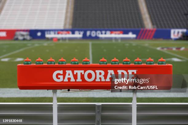 The Gatorade logo is seen on a sideline bench before the game between the New Jersey Generals and the Birmingham Stallions at Protective Stadium on...