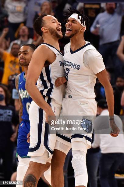 Kyle Anderson of the Memphis Grizzlies and Ziaire Williams of the Memphis Grizzlies celebrate during the first half of Game One of the Western...