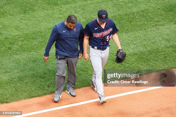 Starting pitcher Sonny Gray of the Minnesota Twins leaves the game with an injury in the bottom of the second inning during the game against the...