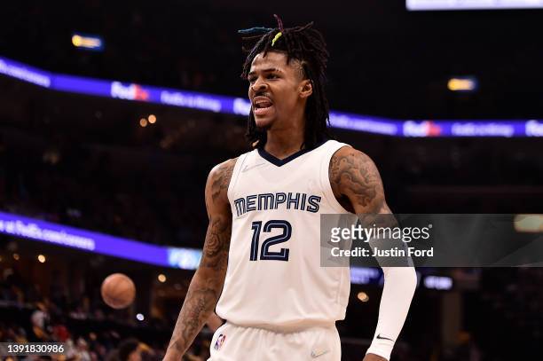 Ja Morant of the Memphis Grizzlies reacts during the first half of Game One of the Western Conference First Round against the Minnesota Timberwolves...