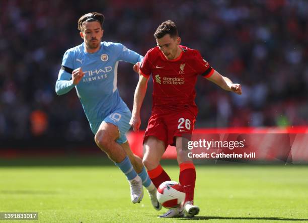 Andrew Robertson of Liverpool under pressure from Jack Grealish of Manchester City during The Emirates FA Cup Semi-Final match between Manchester...