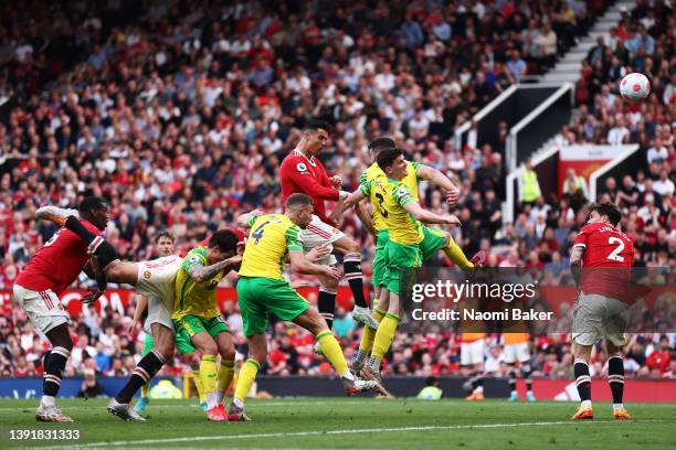 Cristiano Ronaldo of Manchester United heads the ball wide during the Premier League match between Manchester United and Norwich City at Old Trafford...