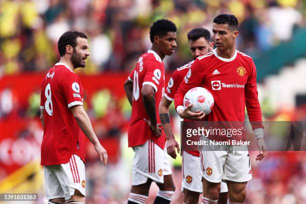 Cristiano Ronaldo of Manchester United prepares to take a free kick during the Premier League match between Manchester United and Norwich City at Old...