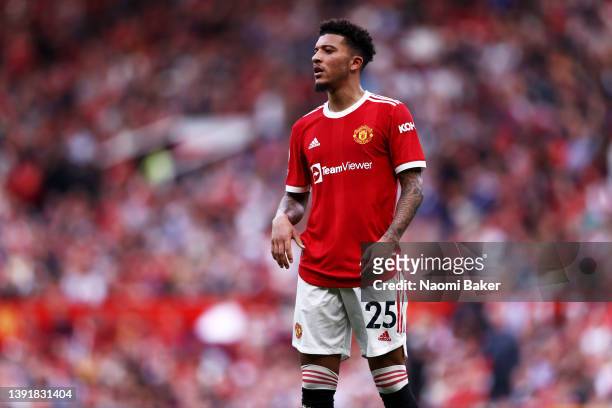Jadon Sancho of Manchester United in action during the Premier League match between Manchester United and Norwich City at Old Trafford on April 16,...