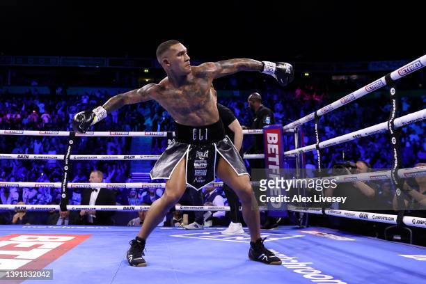 Conor Benn celebrates after victory in the WBA Continental Welterweight Title fight between Conor Benn and Chris Van Heerden at AO Arena on April 16,...