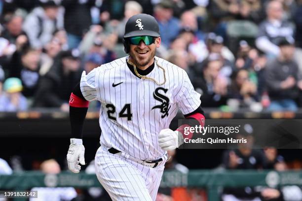 Yasmani Grandal of the Chicago White Sox hits an RBI single in the sixth inning against the Tampa Bay Rays at Guaranteed Rate Field on April 16, 2022...