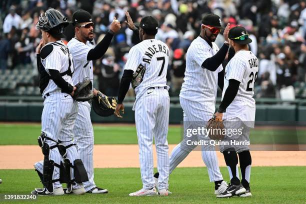 Jose Abreu, Tim Anderson, and teammates of the Chicago White Sox the celebrate the 3-2 win against the Tampa Bay Rays at Guaranteed Rate Field on...