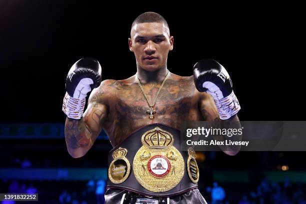 Conor Benn poses for a photo with their belts following victory in the WBA Continental Welterweight Title fight between Conor Benn and Chris Van...