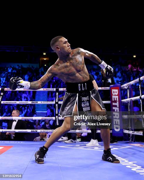 Conor Benn celebrates after victory in the WBA Continental Welterweight Title fight between Conor Benn and Chris Van Heerden at AO Arena on April 16,...