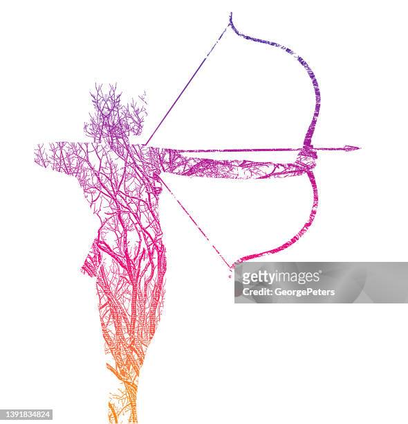 stockillustraties, clipart, cartoons en iconen met multiple exposure of a young woman, trees and bow and arrow - arrow bow and arrow