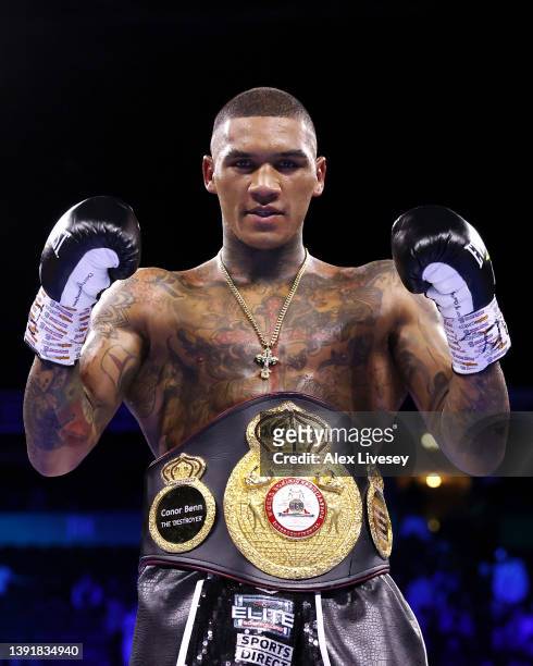Conor Benn poses for a photo with their belt following victory in the WBA Continental Welterweight Title fight between Conor Benn and Chris Van...