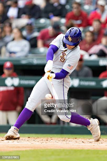 Brayden Jobert of the LSU Tigers at bat during a game against the Arkansas Razorbacks at Baum-Walker Stadium at George Cole Field on April 16, 2022...