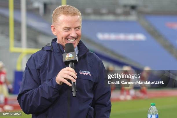 Sports broadcaster Jason Garrett talks on the sideline before the game between the New Jersey Generals and the Birmingham Stallions at Protective...