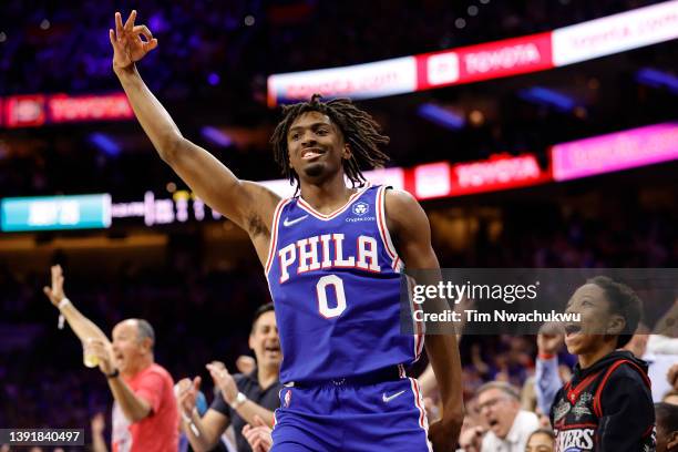 Tyrese Maxey of the Philadelphia 76ers celebrates after scoring in the first quarter against the Toronto Raptors during Game One of the Eastern...