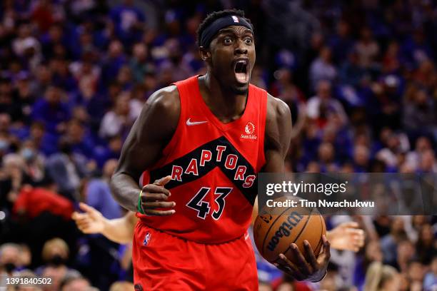 Pascal Siakam of the Toronto Raptors reacts in the first quarter against the Philadelphia 76ers during Game One of the Eastern Conference First Round...