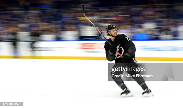 Brayden Point of the Tampa Bay Lightning warms up during a game against the Winnipeg Jets at Amalie Arena on April 16, 2022 in Tampa, Florida.