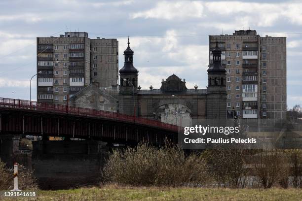 General view of Sovetsk in Kaliningrad Oblast on April 16, 2022 as seen from Panemune, Lithuania. Russia's Kaliningrad exclave, on the shore of the...