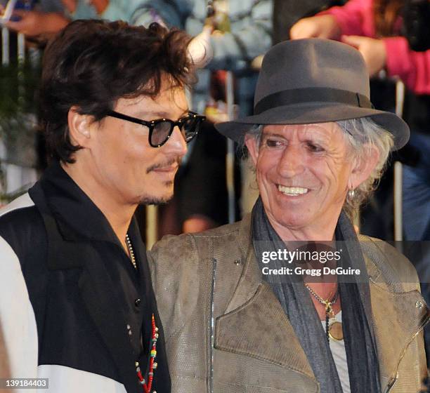 Johnny Depp and Keith Richards arrive at the World Premiere of "Pirates of the Caribbean: On Stranger Tides" held at Disneyland on May 7, 2011 in...