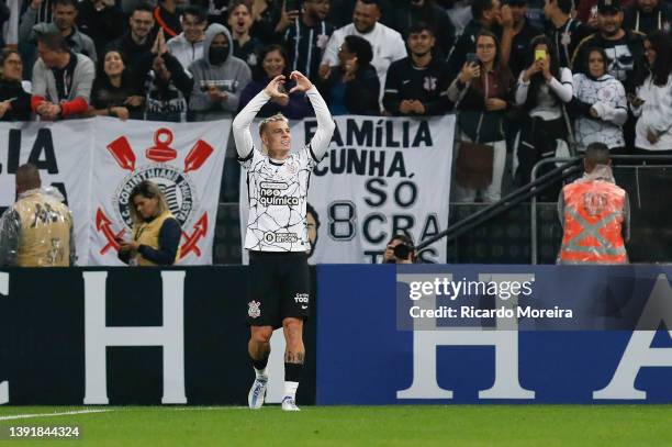 Roger Guedes of Corinthians celebrate after scoring the third goal of his team during the match between Corinthians and Avaí as part of Brasileirao...