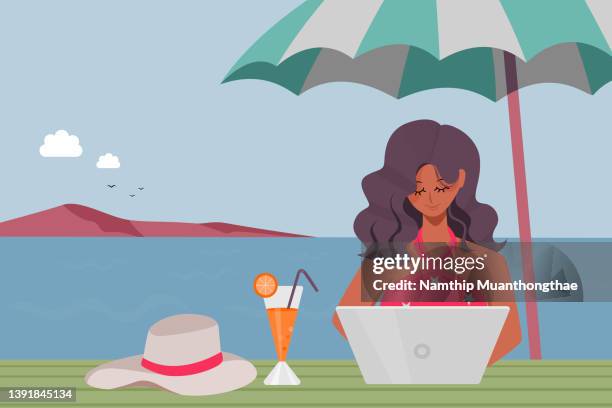 business and leisure travel illustration concept shows a relaxing woman sitting near the beautiful beach for working among the bright and freshness of travel destination. - facial expressions flat design character stock pictures, royalty-free photos & images