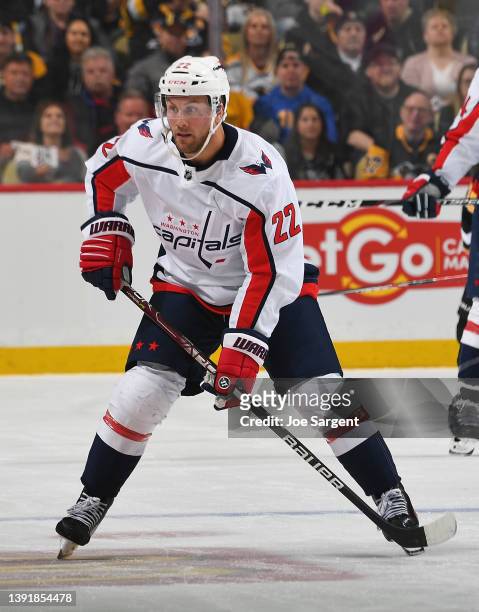 Johan Larsson of the Washington Capitals skates against the Pittsburgh Penguins at PPG PAINTS Arena on April 9, 2022 in Pittsburgh, Pennsylvania.