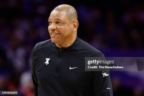 Head coach Doc Rivers of the Philadelphia 76ers looks on during the third quarter against the Toronto Raptors during Game One of the Eastern...