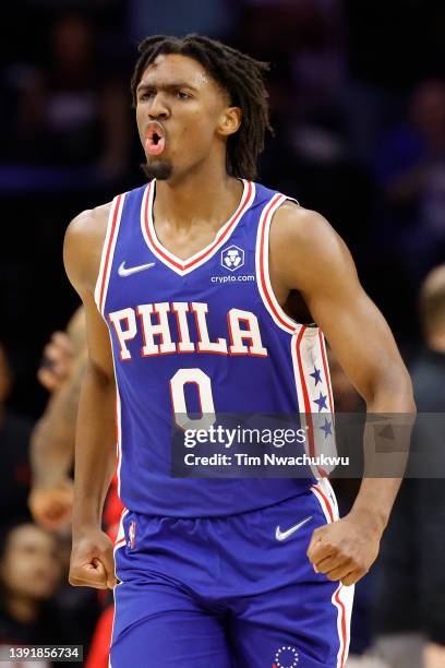 Tyrese Maxey of the Philadelphia 76ers reacts during the third quarter against the Toronto Raptors during Game One of the Eastern Conference First...